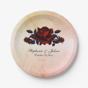 Red Rose Gothic Wedding Names and Date Peach  Paper Plates