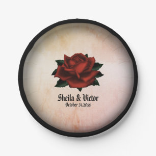 Red Rose Gothic Wedding Names and Date Peach  Paper Plates