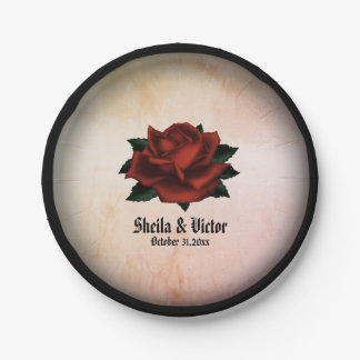 Red Rose Gothic Wedding Names and Date Peach  Paper Plates