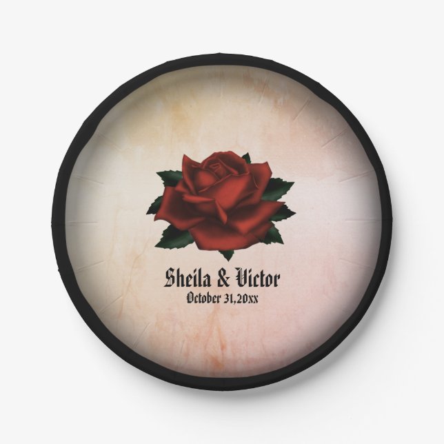 Red Rose Gothic Wedding Names and Date Peach  Paper Plates (Front)