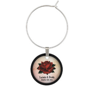 Red Rose Gothic Wedding Names and Date Peach  Wine Charm