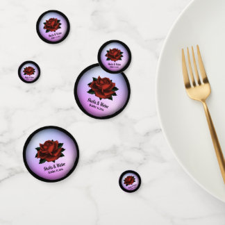 Red Rose Gothic Wedding Names and Date Purple Confetti
