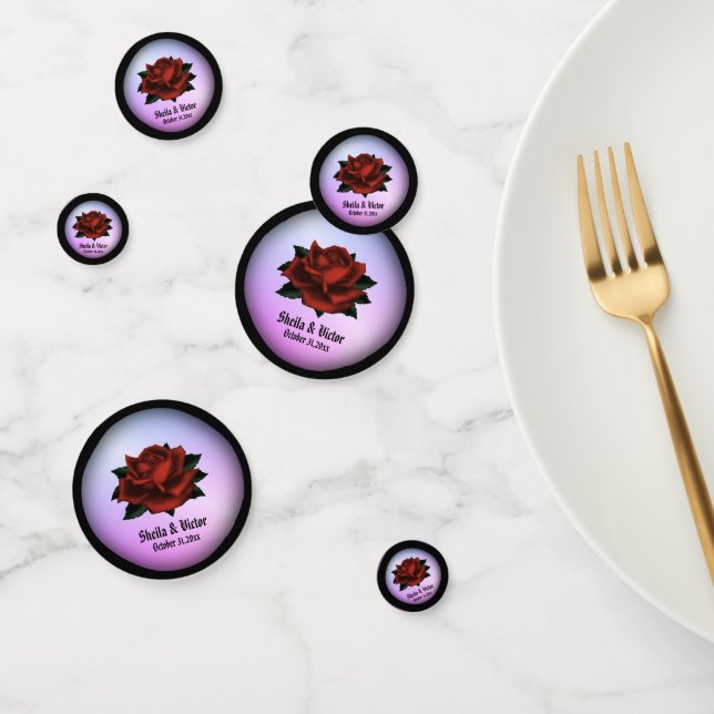Red Rose Gothic Wedding Names and Date Purple Confetti (Group)