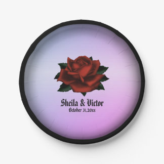 Red Rose Gothic Wedding Names and Date Purple Paper Plates