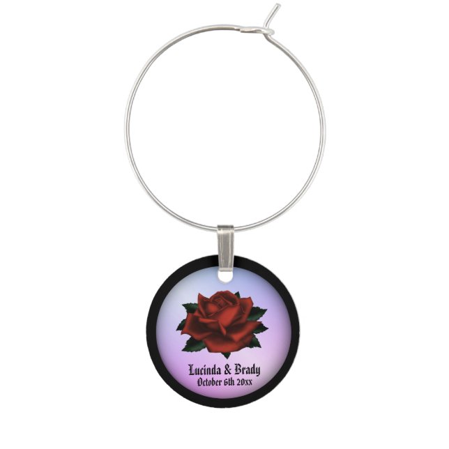 Red Rose Gothic Wedding Names and Date Purple Wine Charm (Front)
