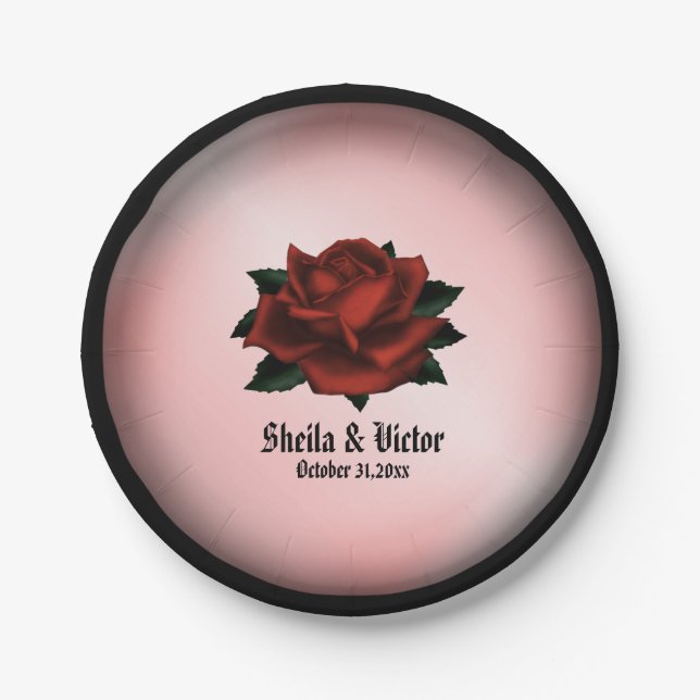 Red Rose Gothic Wedding Personal Paper Plates (Front)