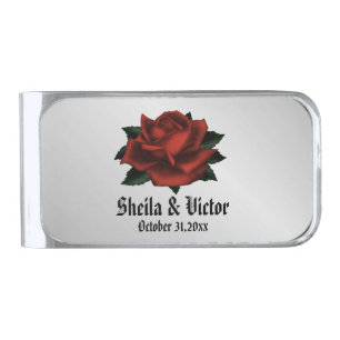 Red Rose Gothic Wedding Personal Silver Finish Mon Money Clip