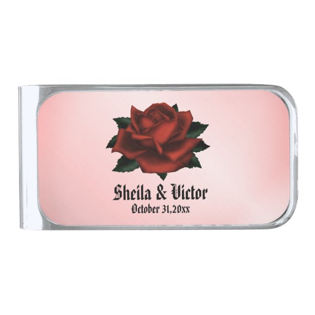 Red Rose Gothic Wedding Personal Silver Finish Money Clip (Front)