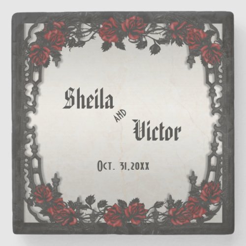 Red Rose Gothic Wedding  Personalized  Iron Gate Stone Coaster