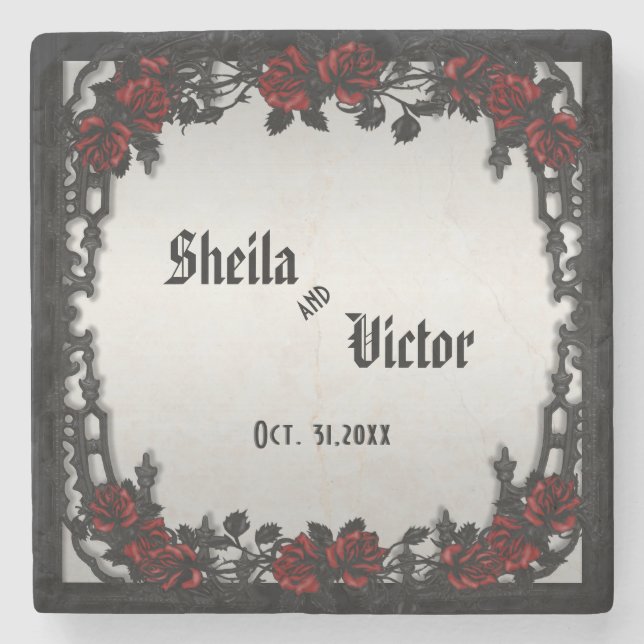 Red Rose Gothic Wedding  Personalized  Iron Gate Stone Coaster (Front)