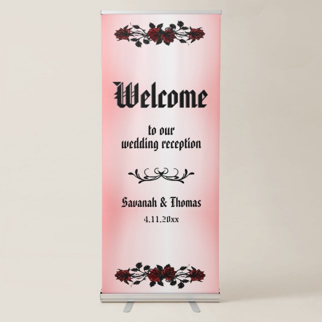 Red Rose Gothic Wedding Pink Reception Welcome Retractable Banner (Front)