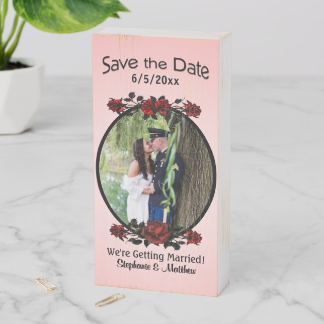 Red Rose Gothic Wedding Save the Date Wooden Box Sign (In Situ Vertical)