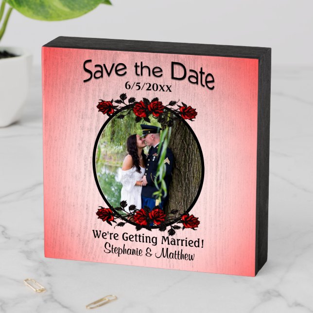 Red Rose Gothic Wedding Save the Date Wooden Box Sign (In Situ Horizontal)