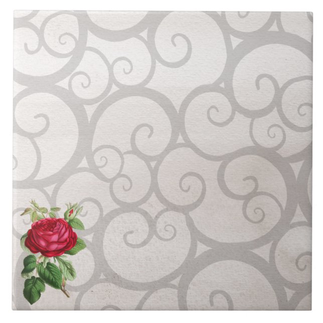 Red rose gray curls decoration tile (Front)