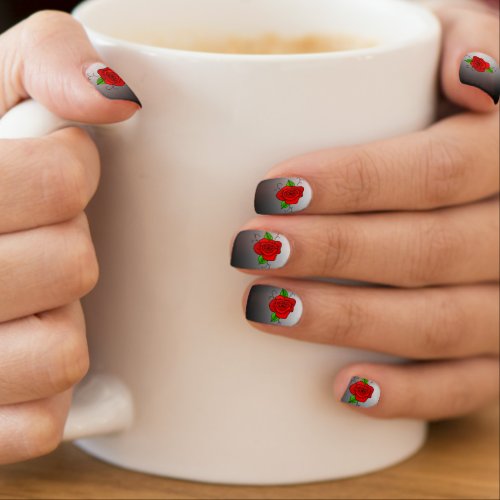 Red Rose Green Leaves Gradient Black Background Minx Nail Art