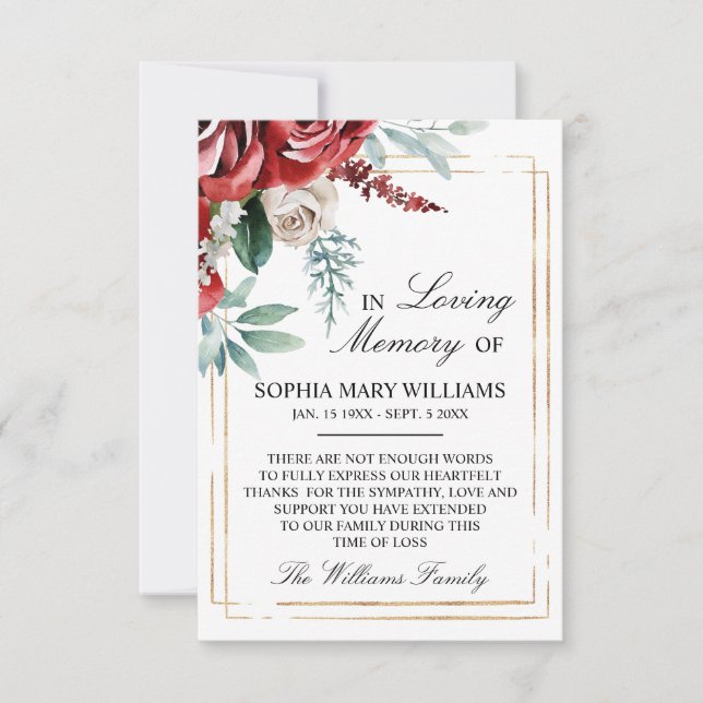 Red Rose & Green Leaves Sympathy Memory Thank You Card (Front)