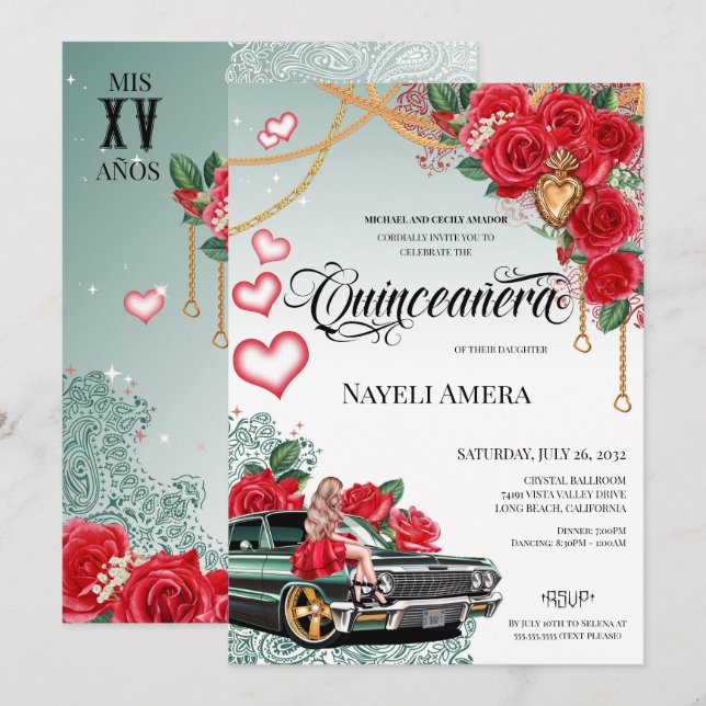 Red Rose Green Lowrider Mexicana Chola Quinceañera Invitation (Front/Back)