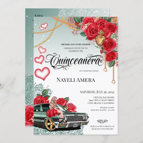 Red Rose Green Lowrider Mexicana Chola Quinceaera Invitation