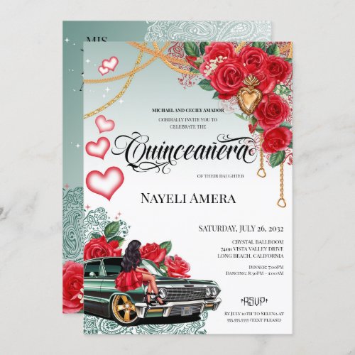 Red Rose Green Lowrider Mexicana Quince Birthday Invitation