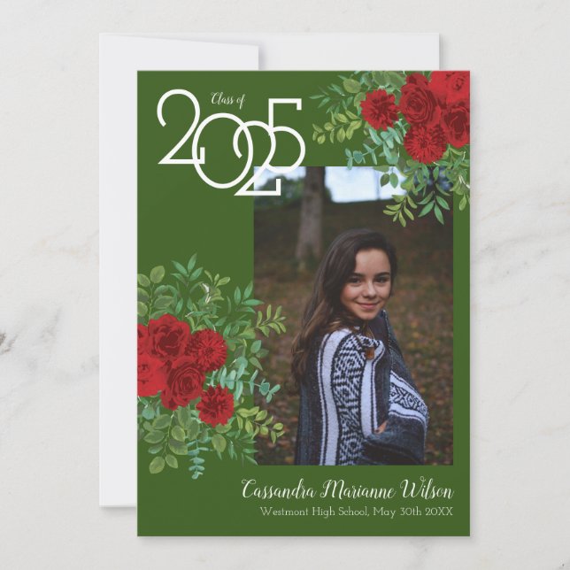 Red Rose Green Photo Graduation Announcement (Front)