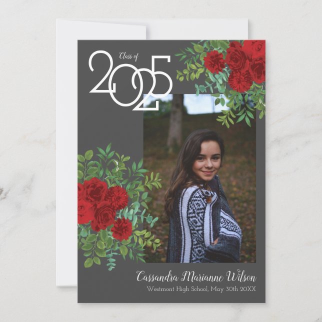 Red Rose Grey Photo Graduation Announcement (Front)