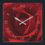Red Rose Grey Roman Numbers wccna Square Wall Clock<br><div class="desc">Red Rose - A vivid red rose (rosa paul's scarlet climber) photographed against a jet black background.

© Alan Harman Photography 2013. All Rights Reserved.
www.alanharmanphotography.com

100418
clock</div>