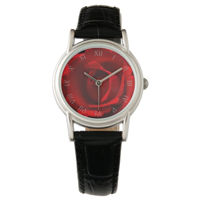 Red Rose Grey Script Roman Numbers waa Watch (Front)