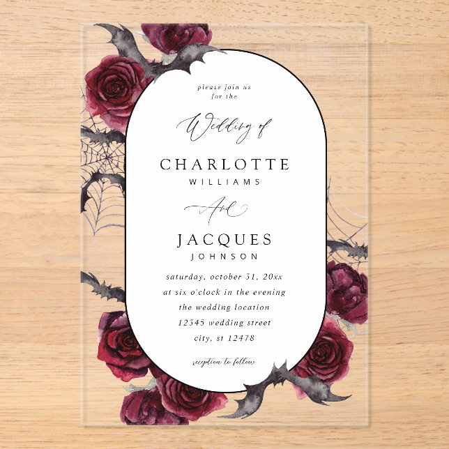 Red Rose Halloween Bats Wedding Acrylic Invitations (Front)