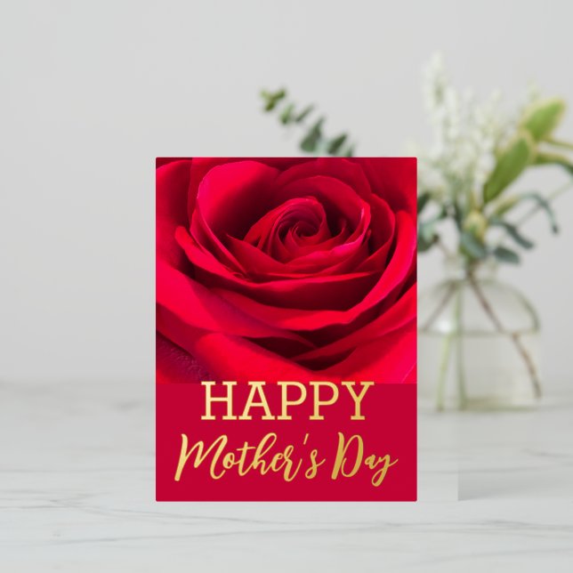 Red Rose Happy  Mother’s Day Real Gold    Foil Holiday Postcard (Standing Front)