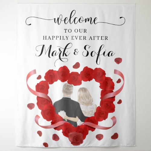 Red Rose Heart Bride and Groom Wedding Welcome Tapestry