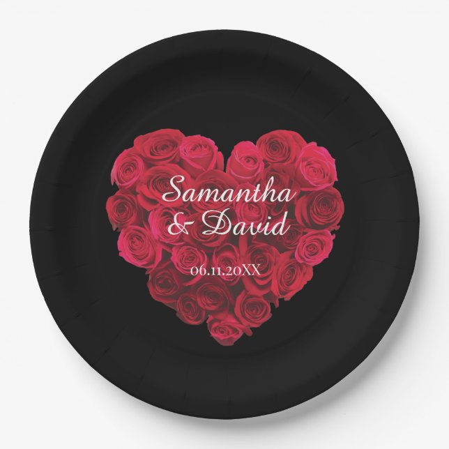 Red Rose Heart Engagement Party Valentines Day Paper Plates (Front)