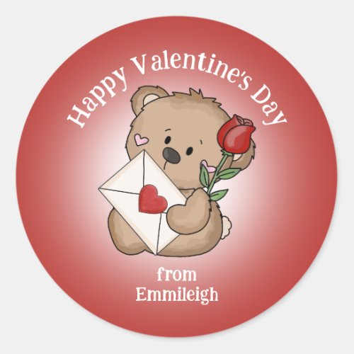 Red Rose Heart Happy Valentines Day Cute Bear  Classic Round Sticker