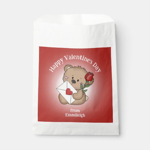 Red Rose Heart Happy Valentines Day Cute Bear Name Favor Bag
