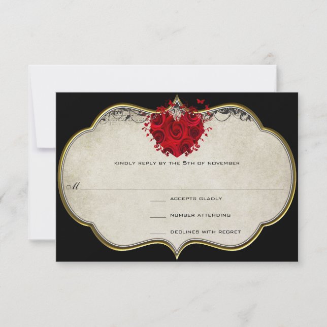 Red Rose Heart on Black Metallic RSVP Card (Front)