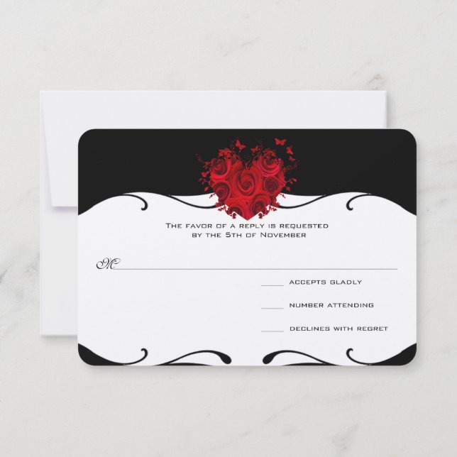 Red Rose Heart on Black Metallic RSVP Card (Back)