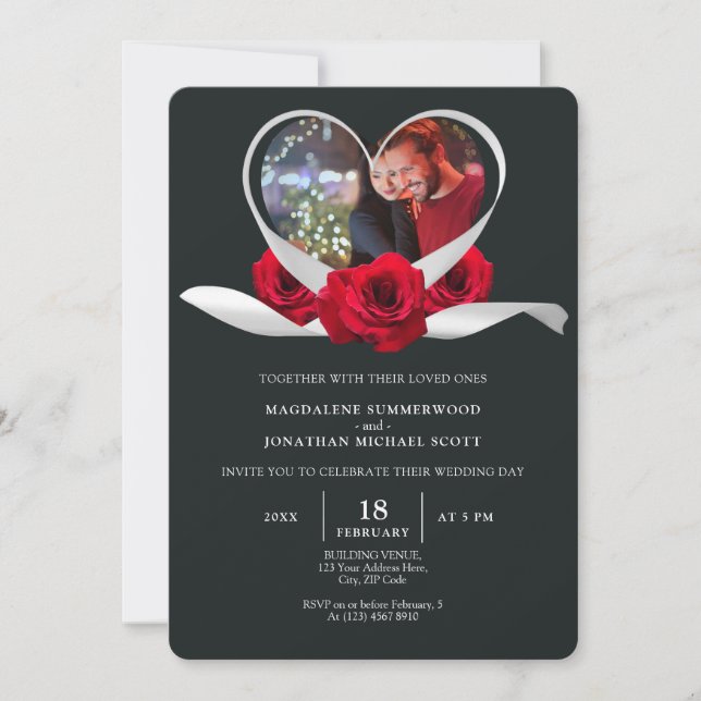 Red Rose Heart Photo Romantic White Ribbon Gray Invitation (Front)