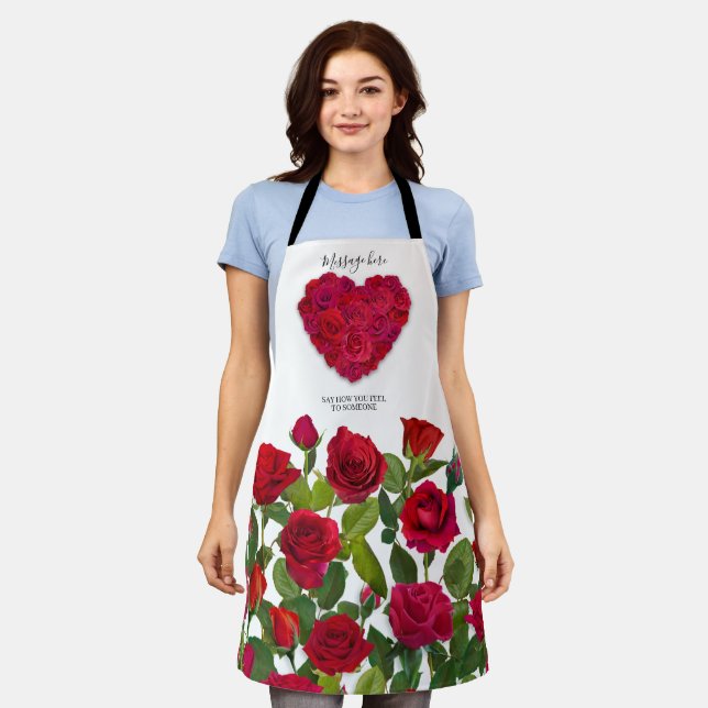 Red Rose Heart Romantic Floral Custom Text Apron (Worn)