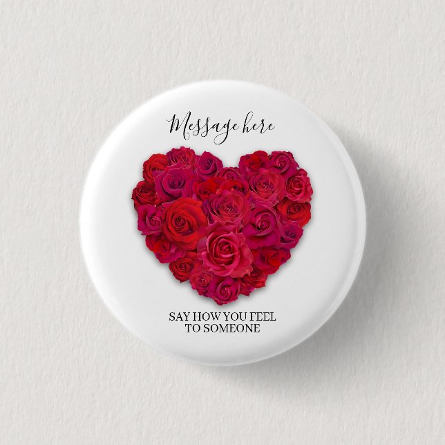 Red Rose Heart Romantic Floral Custom Text Button (Front)