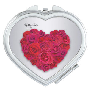 Red Rose Heart Romantic Floral Custom Text Compact Mirror