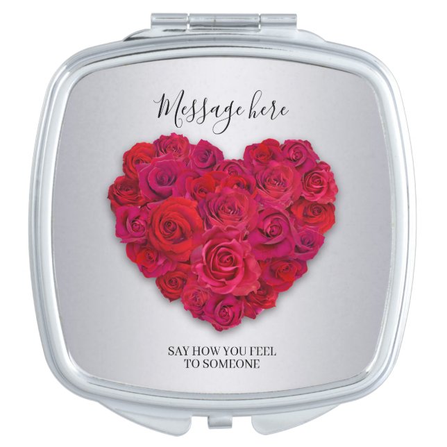 Red Rose Heart Romantic Floral Custom Text Compact Mirror (Front)
