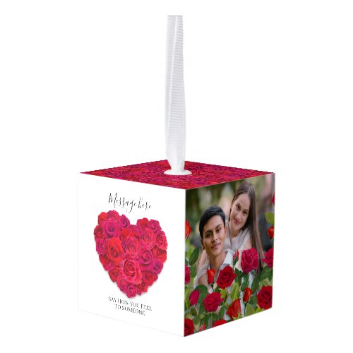 Red Rose Heart Romantic Floral Custom Text Cube Ornament