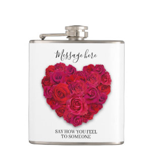 Red Rose Heart Romantic Floral Custom Text Flask