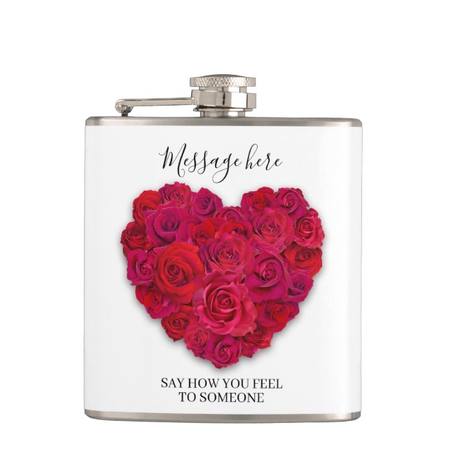 Red Rose Heart Romantic Floral Custom Text Flask (Front)