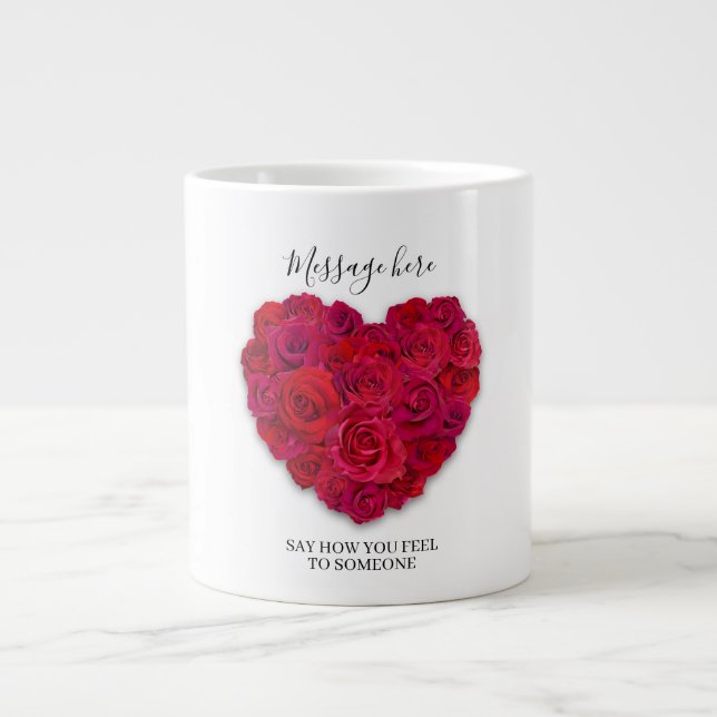Red Rose Heart Romantic Floral Custom Text Giant Coffee Mug (Front)