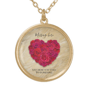 Red Rose Heart Romantic Floral Custom Text Gold Plated Necklace