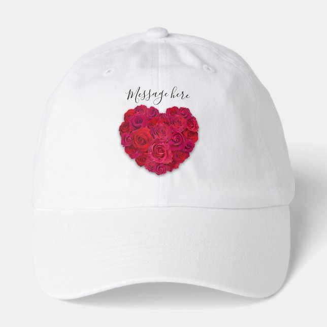 Red Rose Heart Romantic Floral Custom Text Hat (Front)