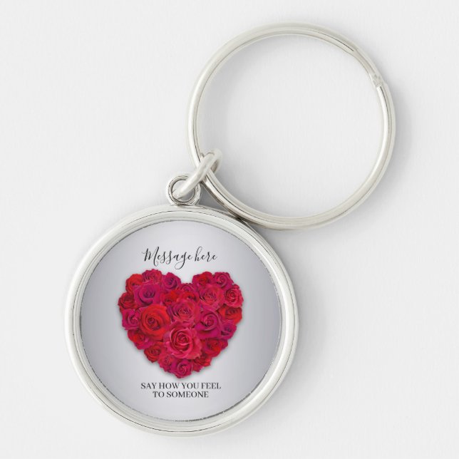 Red Rose Heart Romantic Floral Custom Text Keychain (Front)
