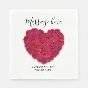 Red Rose Heart Romantic Floral Custom Text Napkins