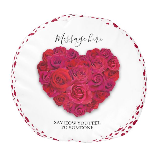 Red Rose Heart Romantic Floral Custom Text Pouf (Top)
