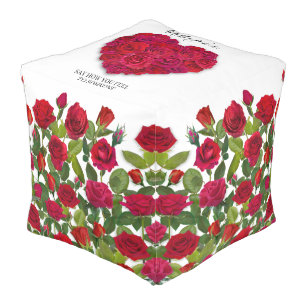 Red Rose Heart Romantic Floral Custom Text Pouf